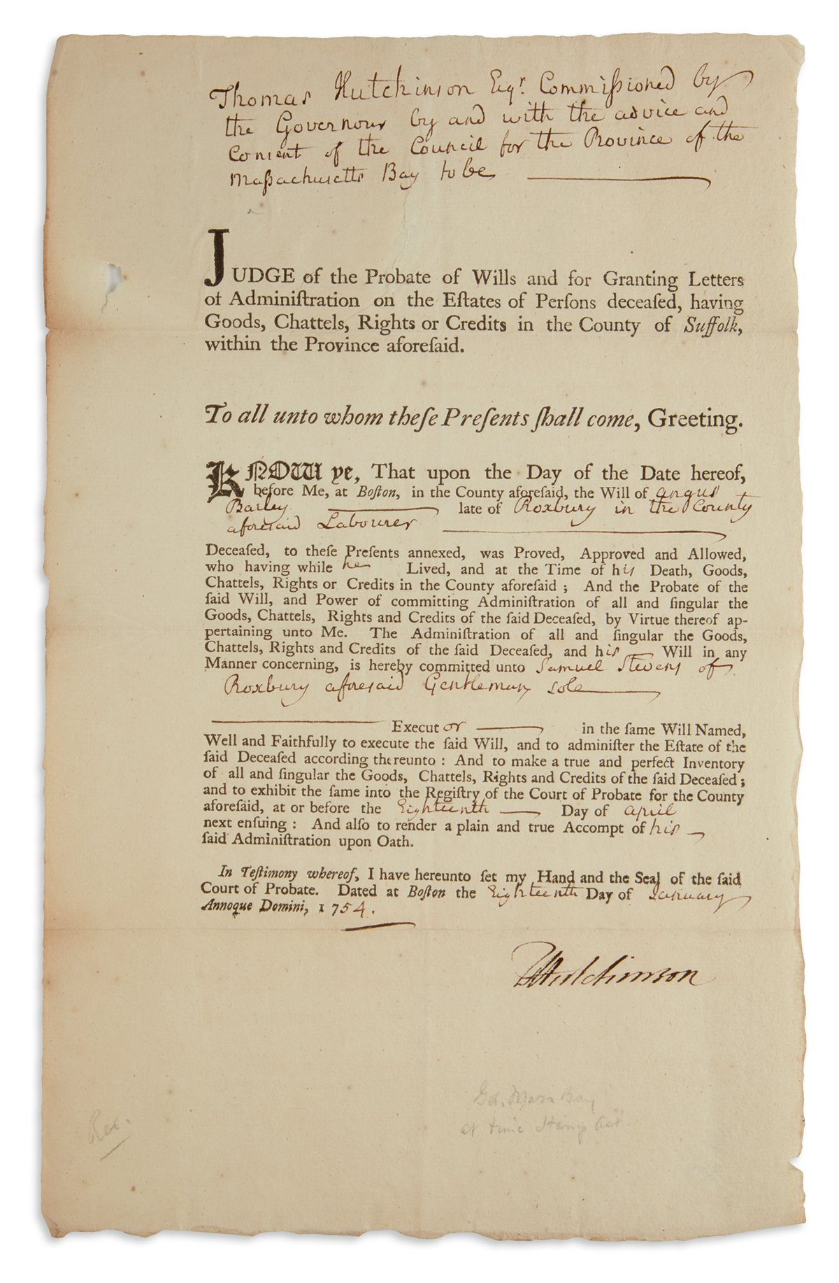 THOMAS HUTCHINSON. Partly-printed Document Signed, THutchinson, as Judge of Probate, approving the will and te...